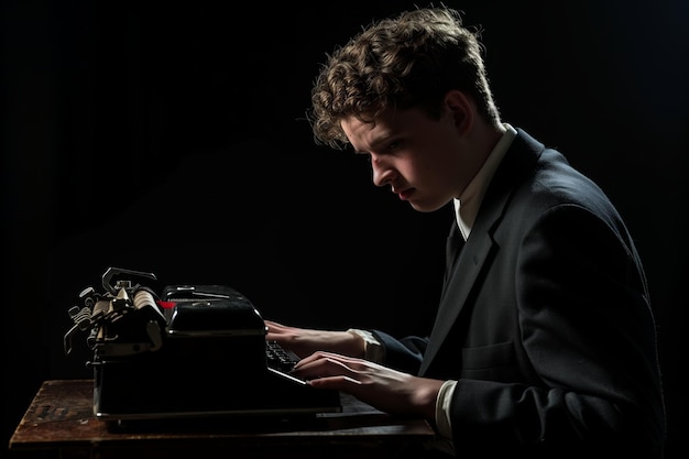 writer man in a black jacket typing on typewriter