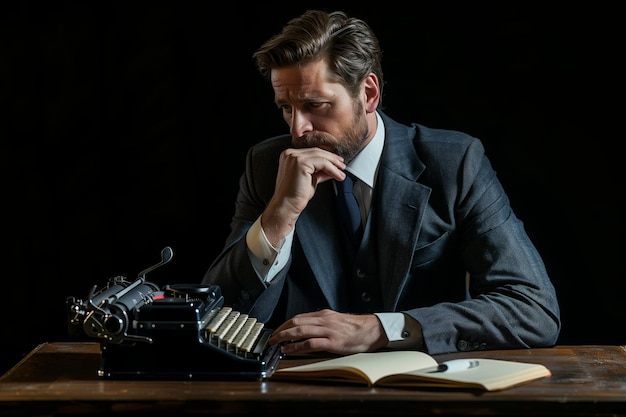 writer man in a black jacket typing on typewriter