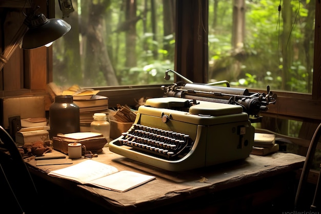 A writers typewriter in a secluded cabin