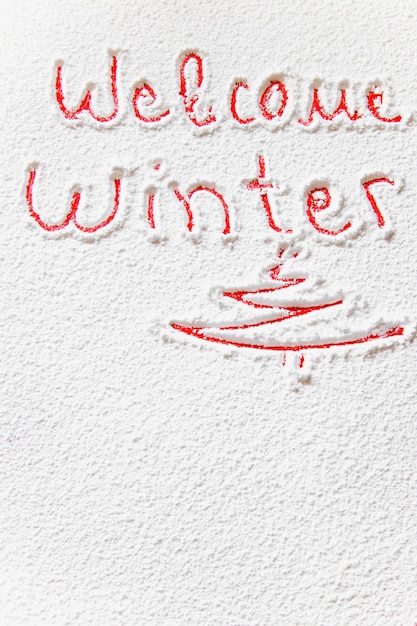 Written Welcome winter on the snowy background