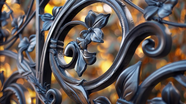 Photo wrought iron fence with a beautiful pattern of leaves and flowers