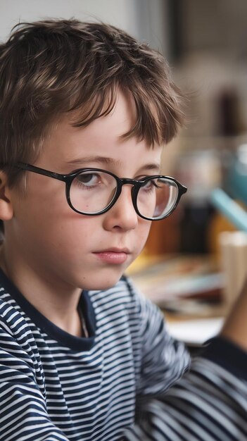 Photo wst up portrt of a concentrated boy in a striped shirt and spectacles making a sketch