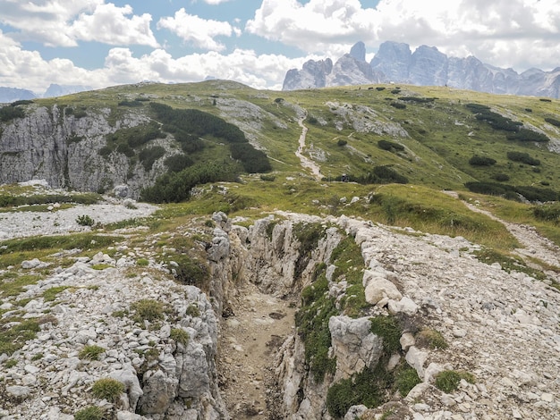 WW1 Trenches at Monte piana 2.324 Meter high mountain in Sextener Dolomiten mountains on border to Italy and Austria.