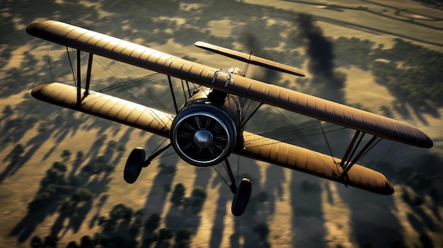 Photo ww1era biplane soaring through sky above battlefield casting shadow over wartorn landscape below