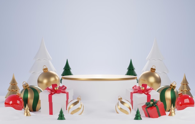 XA3d rendering Merry Christmas Santa Claus with podium for product display on background color