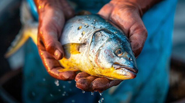 xAA detailed shot of a fishermans hands holding a freshly caught fish