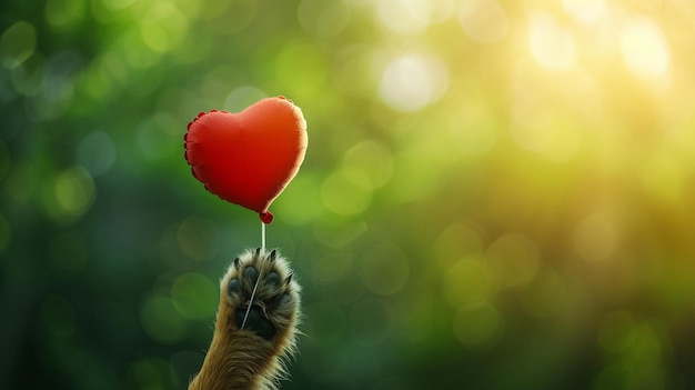 xAA dramatic snapshot featuring a paw delicately cradling a vibrant red heart balloon against a velvety dark background