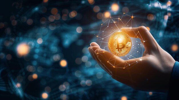 xAA photograph featuring a hand holding a cryptocurrency coin with digital elements in the background