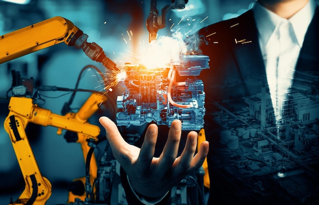 Xai mechanized industry robot arm and factory worker double exposure