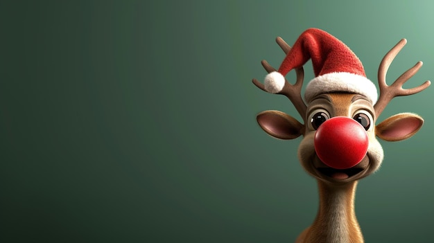 xAReindeer with red nose and Santa hat on green Christmas background 3D Rendering