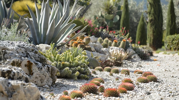 Photo xeriscape garden with diverse succulents