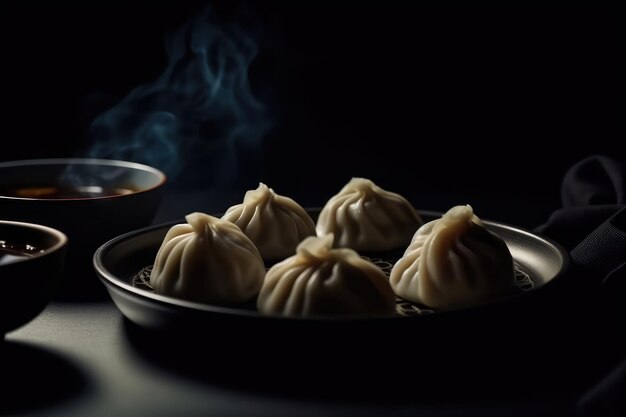 Xiaolongbao Soup Dumplings On Black Plate Generative AI