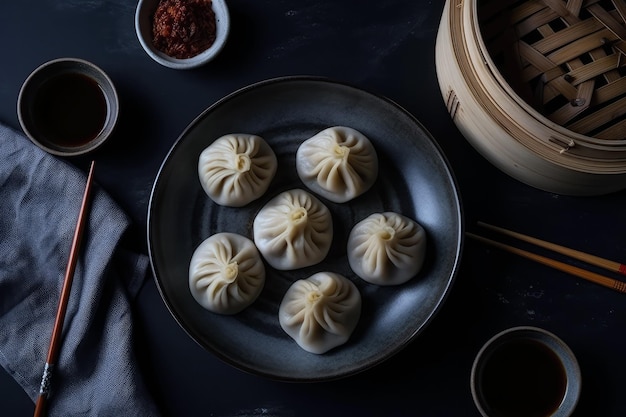 Xiaolongbao Soup Dumplings On Black Plate Top View Generative AI