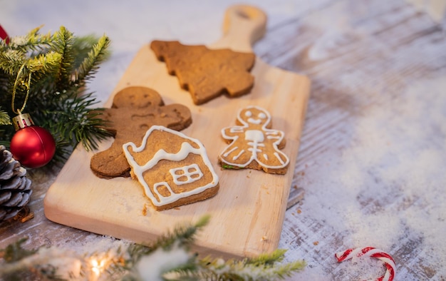 Xmas cookie for Christmas and Happy New Year. Gingerbread with decoration at home.