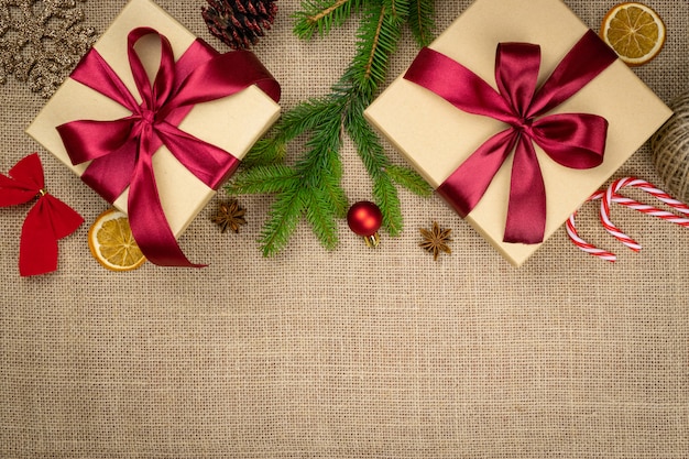 Xmas Decoration isolated on linen texture background.