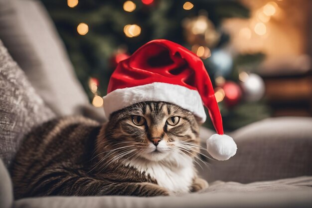 xmas theme Cat wearing a Santa hat with Christmas decorations in the background