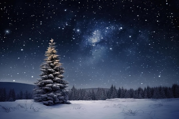 Xmas tree and starry night sky in magical winter wonderland