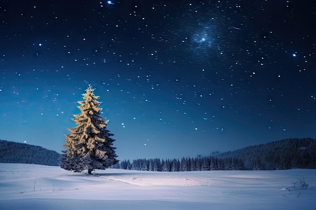 Xmas tree and starry night sky in magical winter wonderland