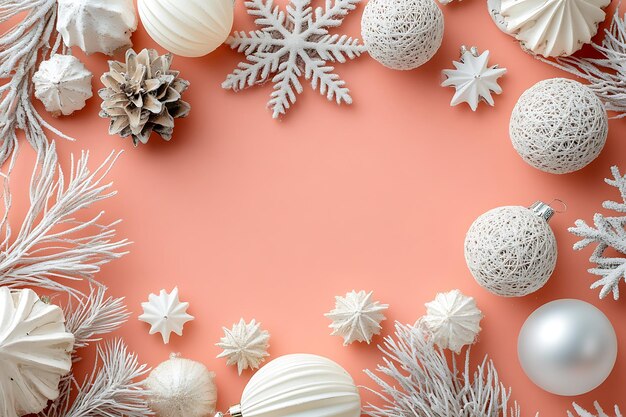 Xmas trendy toned in calming coral background with frame of wooden decorations with copy space