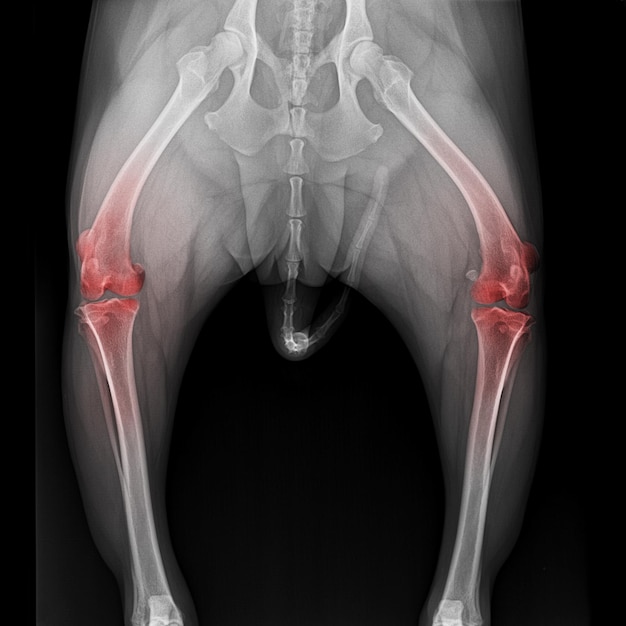 Xray film pelvis to knee joint of dog anterior view with red highlight on knee joint pain area veterinary medicine and veterinary anatomy concept black and white color