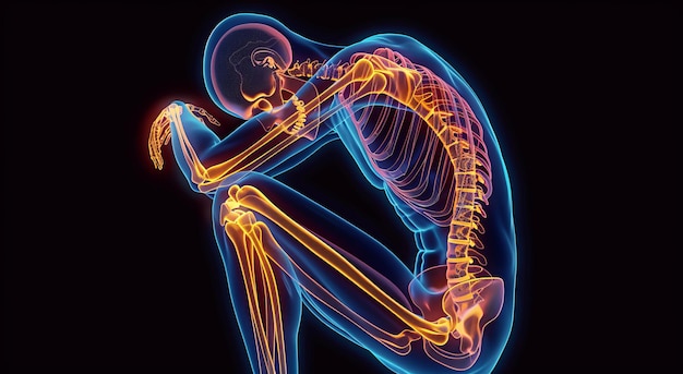 Photo xray image of a human body in fetal position highlighting bones and joints in vibrant colors