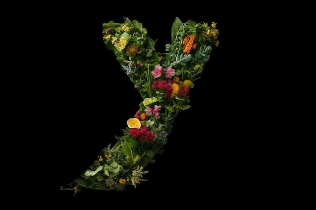 Y alphabet letter made out of leaves plants and flowers isolated on black background illustration generative ai