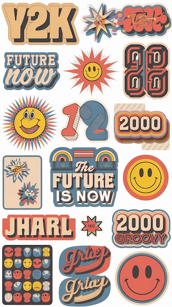 Photo y2k stickers vector pack set of trendy retro patches pop art design cool groovy smile collage