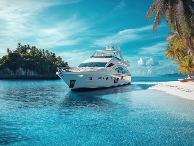 Yacht anchored near tropical island