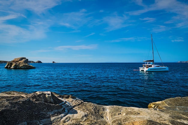 Yacht boat at sarakiniko beach in aegean sea milos island  greece