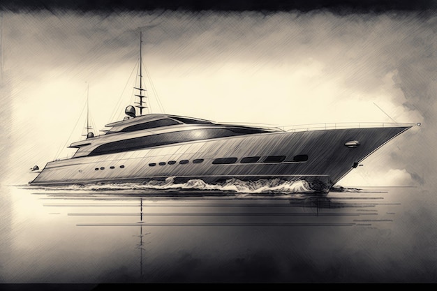 Yacht design in pencil sketch floating on the water with reflections and shadows