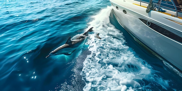 Yacht guests thrilled as dolphins swim alongside the boat and the captain announces a stop Concept Yacht Excursion Dolphin Encounter Captain39s Announcement Thrilled Guests Boat Stop