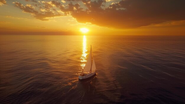 Photo yacht on horizon romantic sunset with white boat sailing towards setting sun