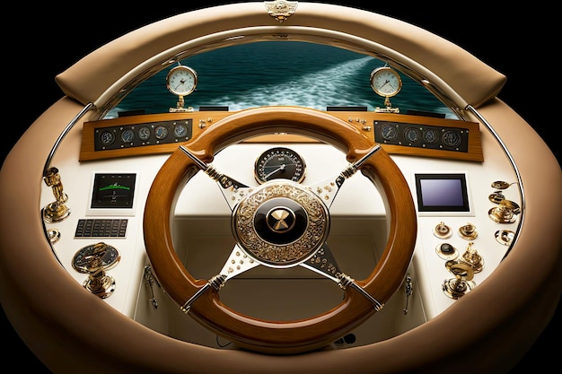 Yacht Interior beautiful wooden steering wheel on captain's bridge