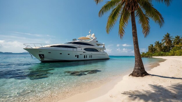 a yacht is docked on a beach with palm trees