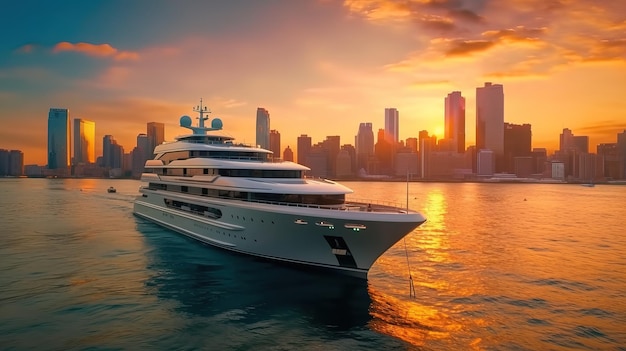 A yacht is docked in front of a city skyline.