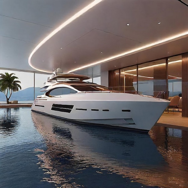 a yacht is docked in a hotel lobby