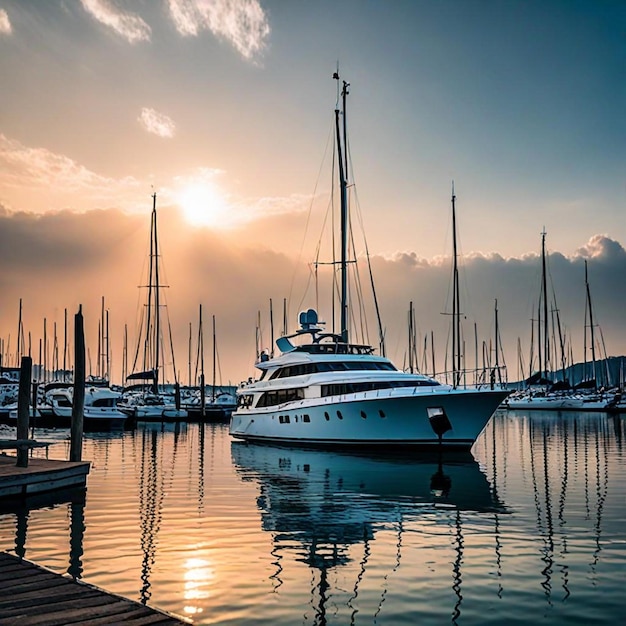 Photo a yacht is docked at a marina with the sun setting behind it