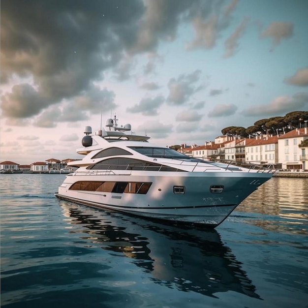 a yacht is docked in the water with buildings in the background