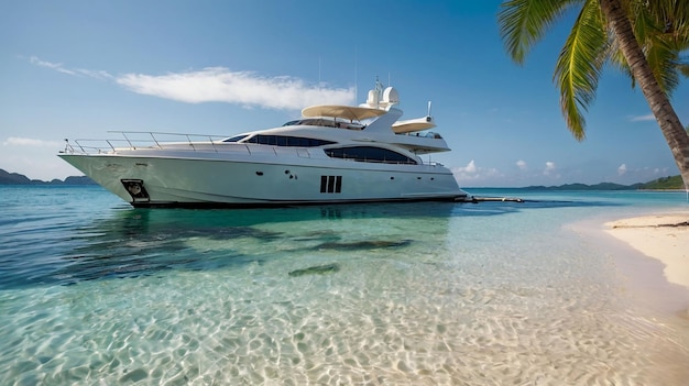 a yacht is docked in the water with a palm tree in the background