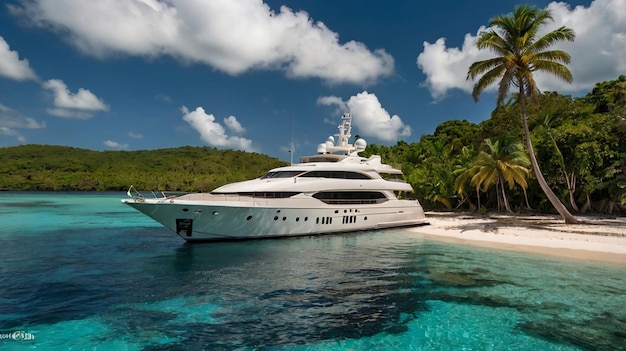 a yacht is docked in the water with palm trees in the background