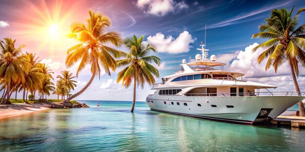 a yacht is docked in the water with palm trees