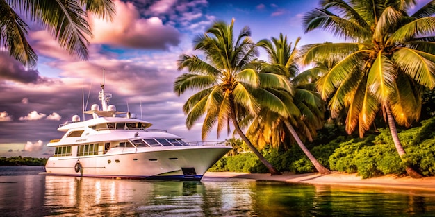 a yacht is docked in the water with palm trees