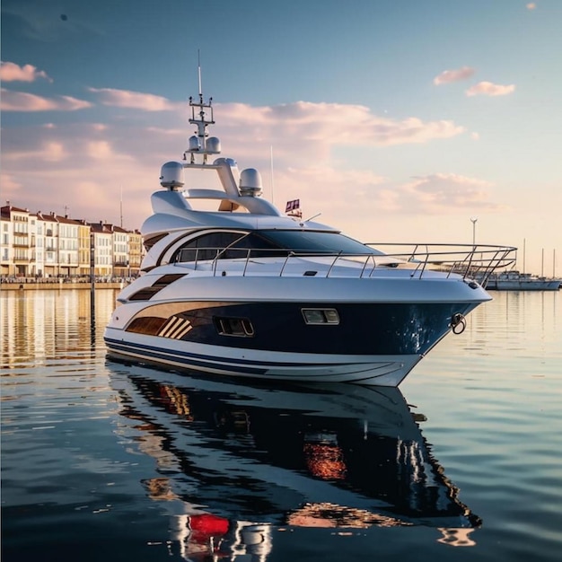 a yacht is docked in the water with a sign that says go to the right