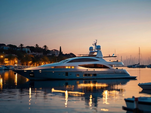 Photo a yacht is docked in the water with the sun setting behind it