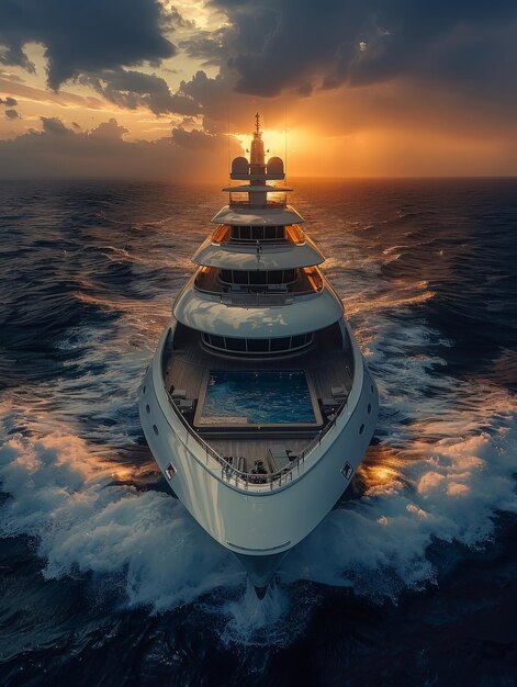 a yacht is sailing in the ocean with the sun setting behind it