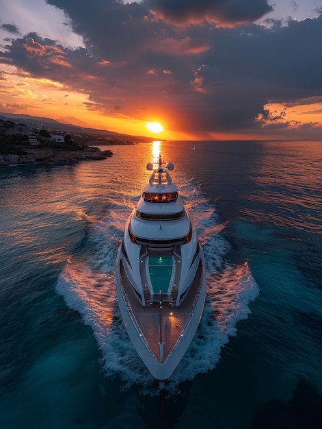 a yacht is sailing in the ocean with the sun setting behind it