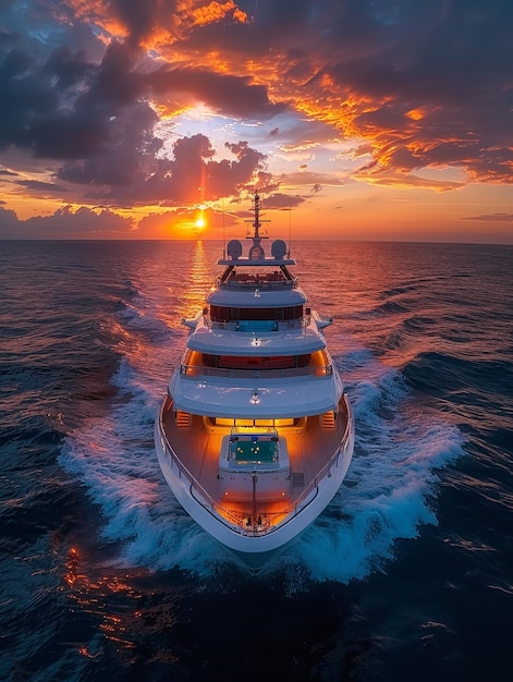 a yacht is sailing in the ocean with the sun setting behind it