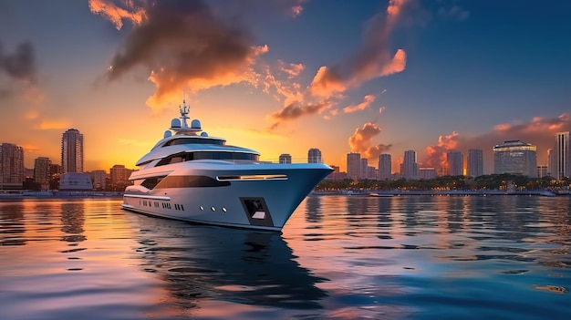 A yacht is in the water with a city in the background.