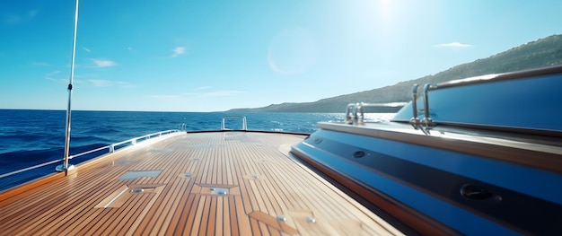 Yacht sailing in the open sea on a sunny day View from the deck to the bow and sails