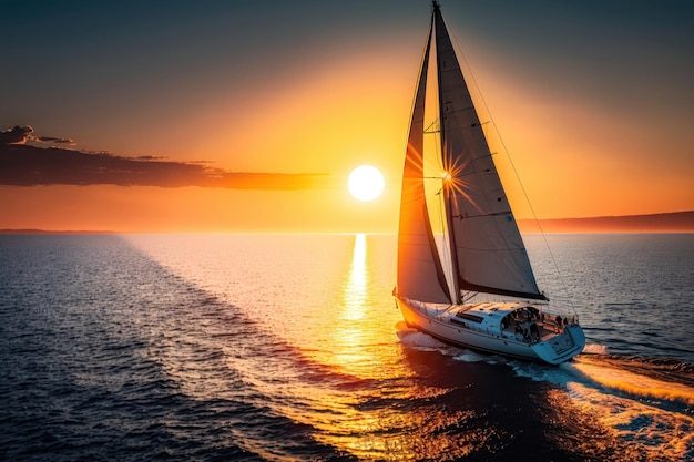 Yacht sailing towards the sunset AI Generation